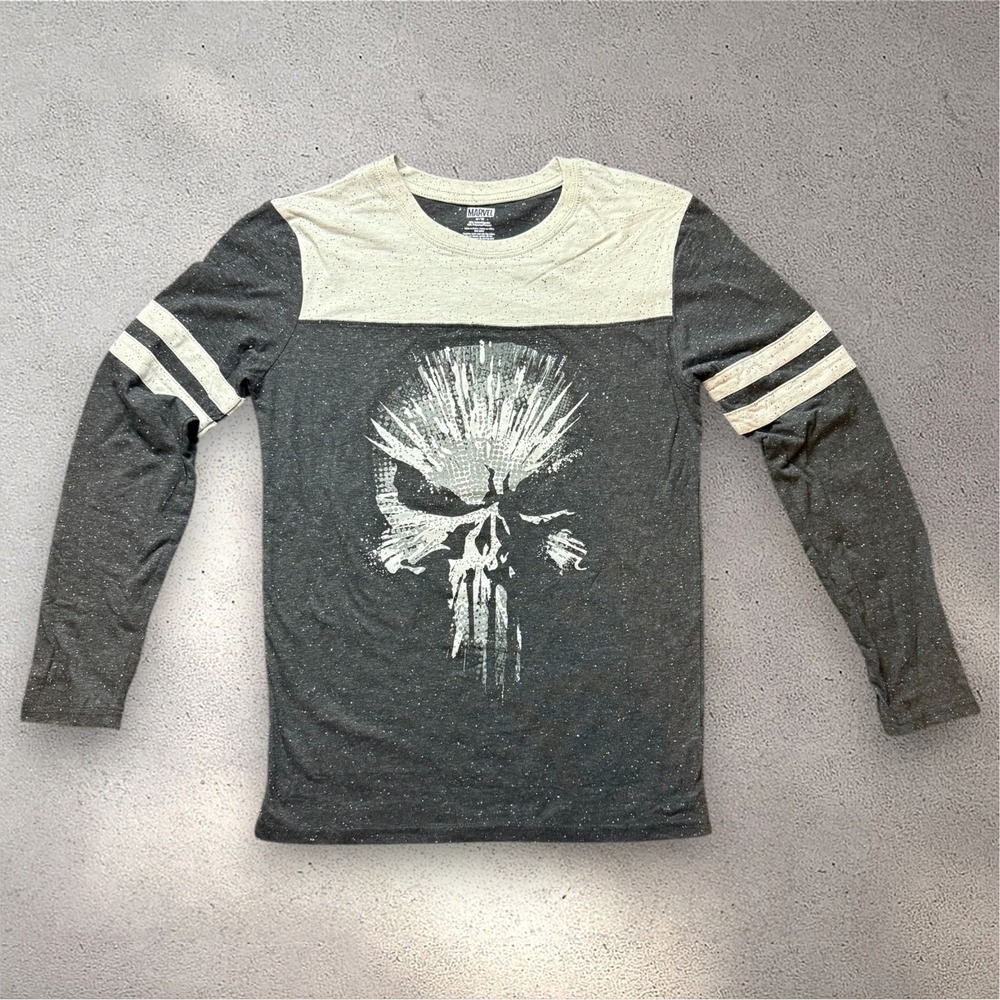 Marvel Punisher Long‎ Sleeve Graphic Tee Mens Medium Gray Cream Skull Shirt